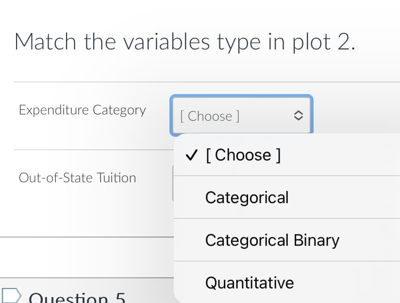 Match the variables type in plot 2.
Expenditure Category
Out-of-State Tuition
Question 5
[Choose ]
✓ [Choose ]
Categorical
Categorical Binary
Quantitative