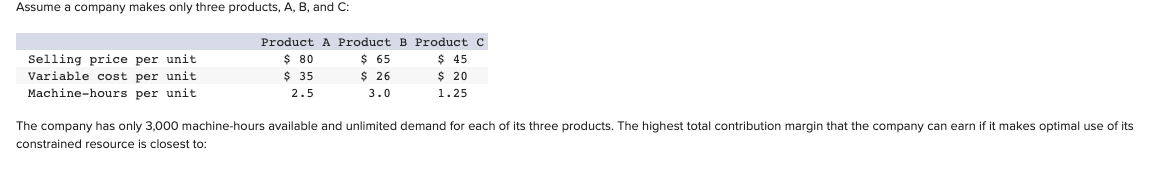 Assume a company makes only three products, A, B, and C:
Product A Product B Product C
Selling price per unit
$ 80
$ 35
$ 45
$ 20
$ 65
Variable cost per unit
$ 26
Machine-hours per unit
2.5
3.0
1.25
The company has only 3,000 machine-hours available and unlimited demand for each of its three products. The highest total contribution margin that the company can earn if it makes optimal use of its
constrained resource is closest to:
