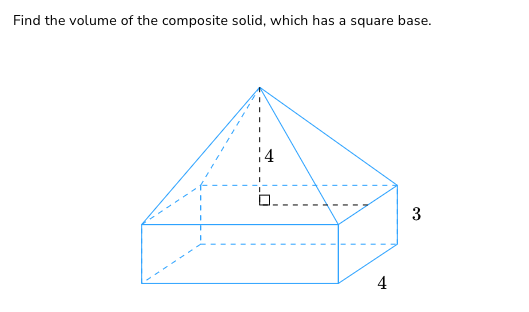 Find the volume of the composite solid, which has a square base.
4
3