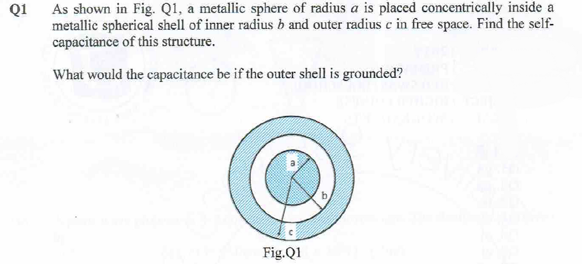 Q1
As shown in Fig. Q1, a metallic sphere of radius a is placed concentrically inside a
metallic spherical shell of inner radius b and outer radius c in free space. Find the self-
capacitance of this structure.
What would the capacitance be if the outer shell is grounded?
C
Fig.Q1
b
VYR