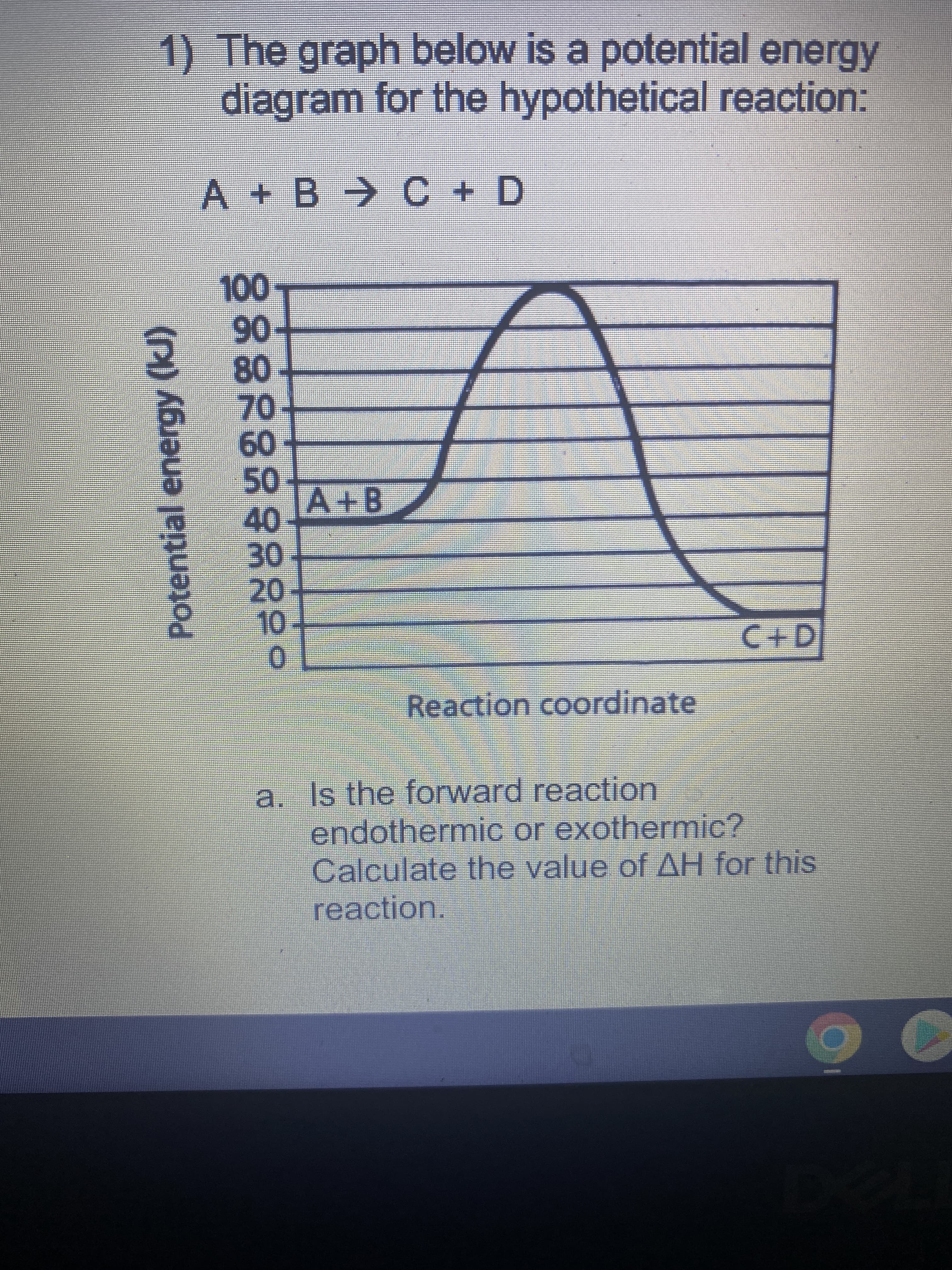 Potential energy (kJ)
1) The graph below is a potential energy
diagram for the hypothetical reaction:
A+ B C + D
90-
80-
70-
09
A+B
40-
30-
20-
10-
C+D
Reaction coordinate
a. Is the forward reaction
endothermic or exothermic?
Calculate the value of AH for this
reaction.
