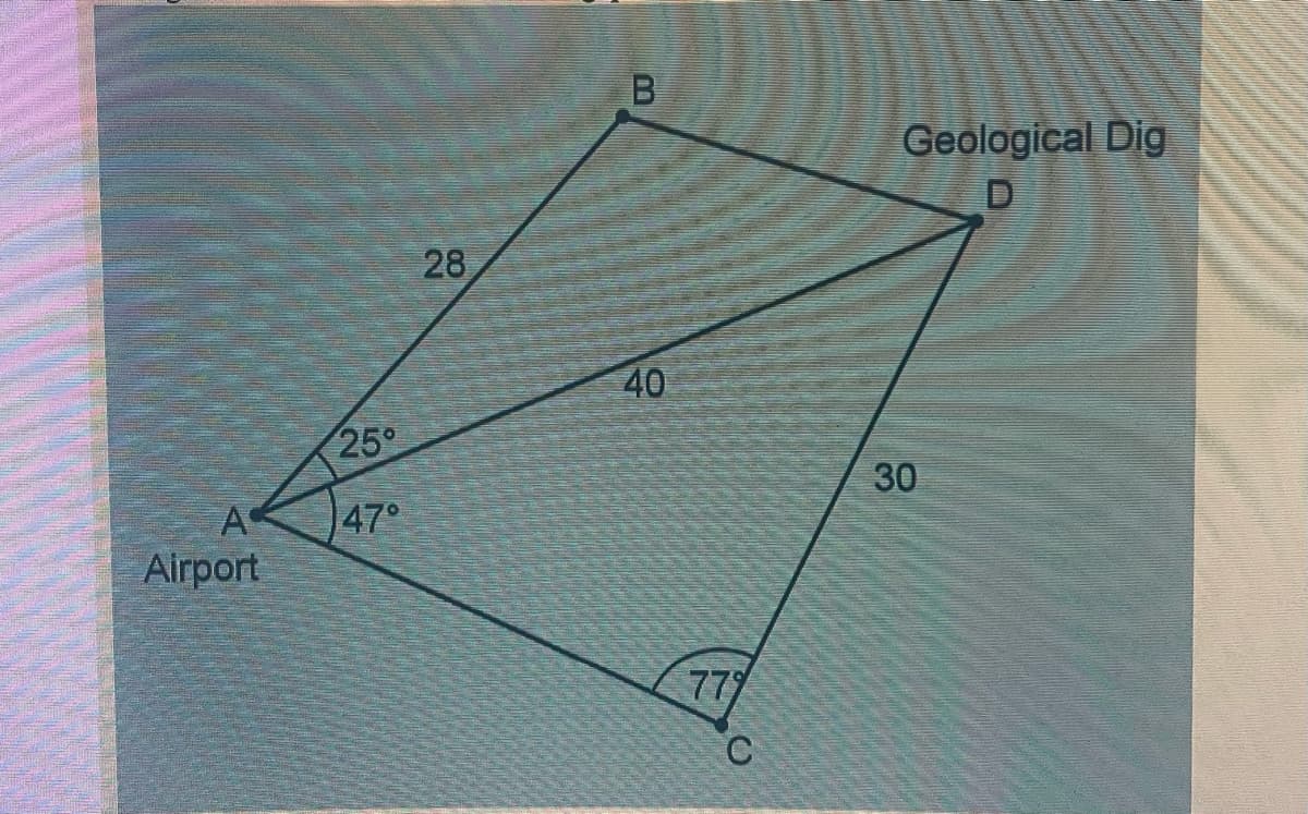 A
Airport
25°
47°
28
B
40
779
C
Geological Dig
30