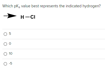 Which pk, value best represents the indicated hydrogen?
H-CI
0 5
O
O 10
O-5