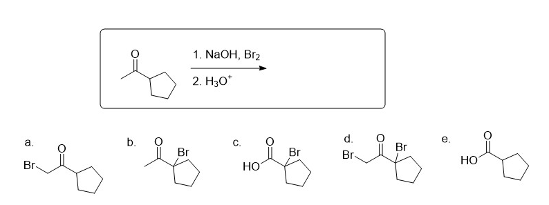 a.
Br-
b.
I)
Br
1. NaOH, Br₂
2. H3O*
C.
Br
G
HO
d.
Br.
Br
HO