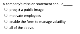 A company's mission statement should_
proejct a public image
motivate employees
enable the form to manage volatility
all of the above.
