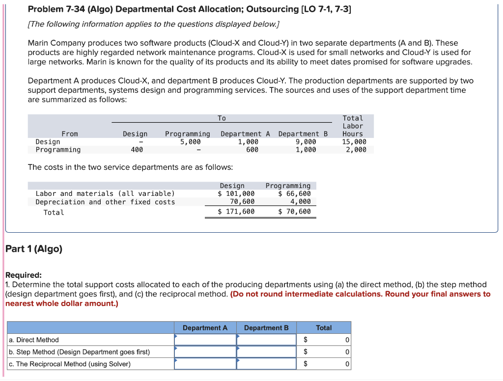 Problem 7-34 (Algo) Departmental Cost Allocation; Outsourcing [LO 7-1, 7-3]
[The following information applies to the questions displayed below.]
Marin Company produces two software products (Cloud-X and Cloud-Y) in two separate departments (A and B). These
products are highly regarded network maintenance programs. Cloud-X is used for small networks and Cloud-Y is used for
large networks. Marin is known for the quality of its products and its ability to meet dates promised for software upgrades.
Department A produces Cloud-X, and department B produces Cloud-Y. The production departments are supported by two
support departments, systems design and programming services. The sources and uses of the support department time
are summarized as follows:
Design Programming
5,000
From
Design
Programming
The costs in the two service departments are as follows:
Part 1 (Algo)
-
400
Labor and materials (all variable)
Depreciation and other fixed costs
Total
To
Department A Department B
1,000
600
a. Direct Method
b. Step Method (Design Department goes first)
c. The Reciprocal Method (using Solver)
Design
$ 101,000
70,600
$ 171,600
Department A
9,000
1,000
Programming
$ 66,600
4,000
$ 70,600
Required:
1. Determine the total support costs allocated to each of the producing departments using (a) the direct method, (b) the step method
(design department goes first), and (c) the reciprocal method. (Do not round intermediate calculations. Round your final answers to
nearest whole dollar amount.)
Department B
$
$
$
Total
Labor
Hours
15,000
2,000
Total
0
0
0