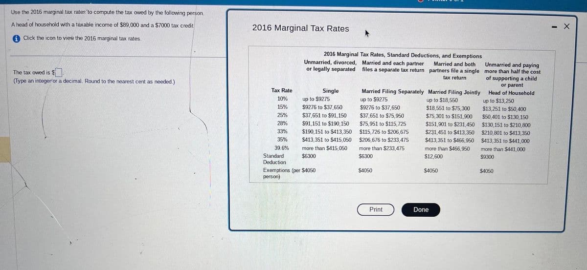 Use the 2016 marginal tax rates to compute the tax owed by the following person.
A head of household with a taxable income of $89,000 and a $7000 tax credit
Click the icon to view the 2016 marginal tax rates.
The tax owed is $
(Type an integer or a decimal. Round to the nearest cent as needed.)
2016 Marginal Tax Rates
Tax Rate
10%
15%
25%
28%
33%
35%
39.6%
2016 Marginal Tax Rates, Standard Deductions, and Exemptions
Married and each partner
files a separate tax return
Unmarried, divorced,
or legally separated
Single
up to $9275
$9276 to $37,650
$37,651 to $91,150
$91,151 to $190,150
$190,151 to $413,350
$413,351 to $415,050
more than $415,050
$6300
Standard
Deduction
Exemptions (per $4050
person)
Married Filing Separately Married Filing Jointly
up to $9275
up to $18,550
$9276 to $37,650
$18,551 to $75,300
$37,651 to $75,950
$75,301 to $151,900
$75,951 to $115,725
$151,901 to $231,450
$115,726 to $206,675 $231,451 to $413,350
$206,676 to $233,475 $413,351 to $466,950
more than $233,475
more than $466,950
$6300
$12,600
$4050
Print
Married and both
partners file a single
tax return
$4050
Done
Unmarried and paying
more than half the cost
of supporting a child
or parent
Head of Household
up to $13,250
$13,251 to $50,400
$50,401 to $130,150
$130,151 to $210,800
$210,801 to $413,350
$413,351 to $441,000
more than $441,000
$9300
$4050
X