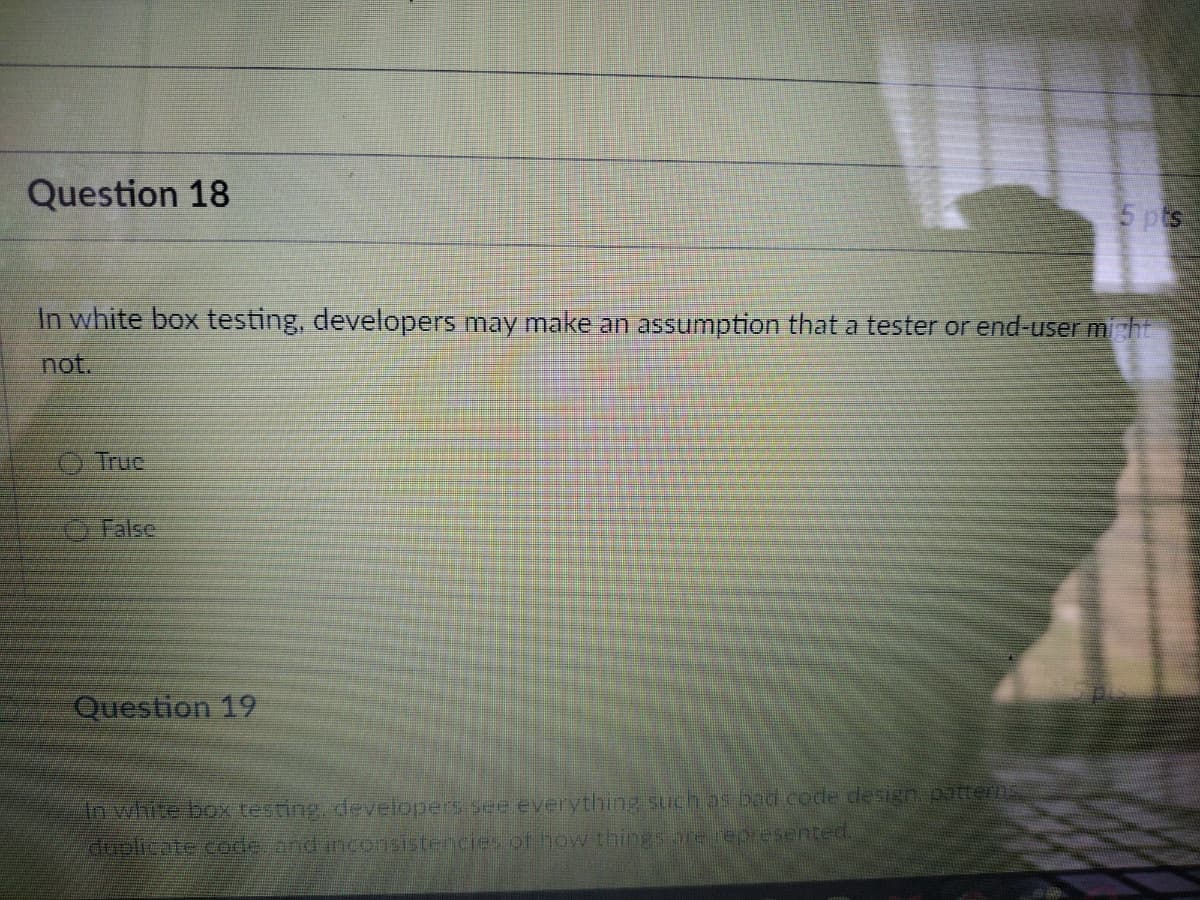 Question 18
5 pts
In white box testing, developers may make an assumption that a tester or end-user micht
not.
OTruc
False
Question 19
1n white box testing, developers see everything such as bad code design. paterns
duplicate code and inconsistencies of how thinggs.ore represented.
