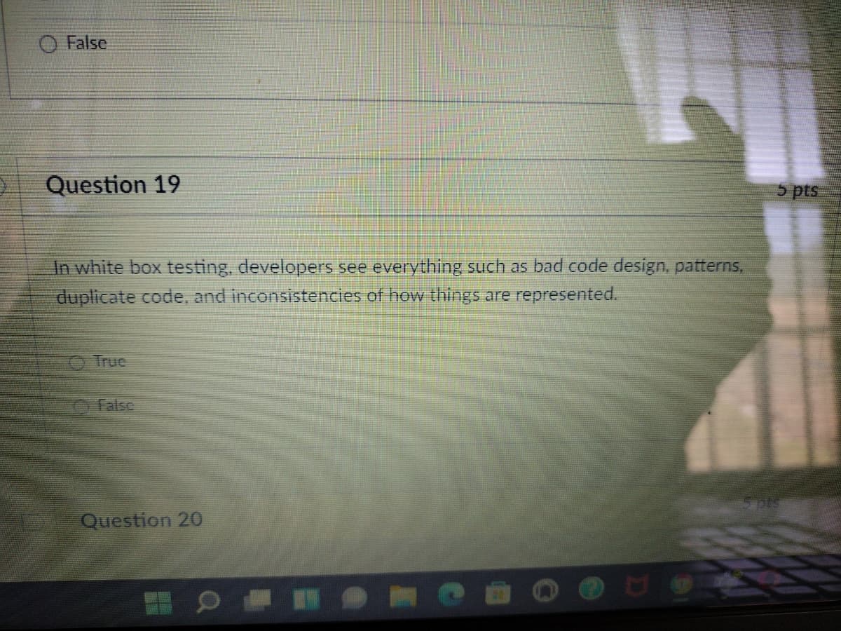 False
Question 19
5 pts
In white box testing, developers see everything such as bad code design, patterns,
duplicate code, and inconsistencies of how things are represented.
True
Falsc
5 pts
Question 20
