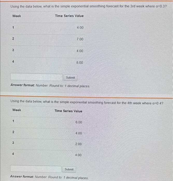 Using the data below, what is the simple exponential smoothing forecast for the 3rd week where a=0.3?
Week
1
2
32
Week
1
2
Time Series Value
3
Submit
Answer format: Number Round to: 1 decimal places.
4
Using the data below, what is the simple exponential smoothing forecast for the 4th week where a=0.4?
4.00
7.00
4.00
Submit
8.00
Time Series Value
6.00
4.00
2.00
4.00
Answer format: Number: Round to: 1 decimal places.