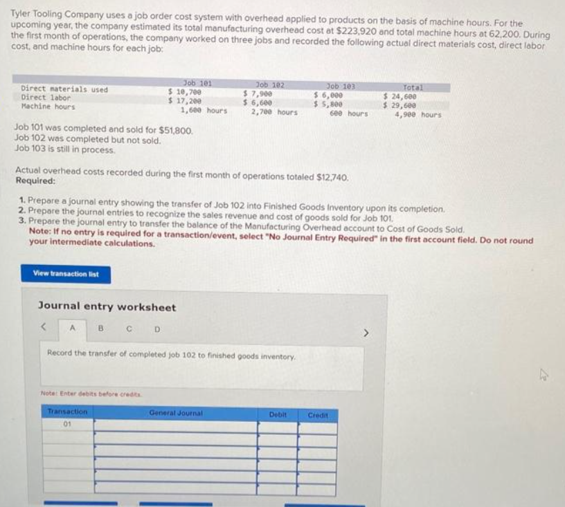 Tyler Tooling Company uses a job order cost system with overhead applied to products on the basis of machine hours. For the
upcoming year, the company estimated its total manufacturing overhead cost at $223,920 and total machine hours at 62,200. During
the first month of operations, the company worked on three jobs and recorded the following actual direct materials cost, direct labor
cost, and machine hours for each job:
Direct materials used
Direct labor
Machine hours
Job 101 was completed and sold for $51,800.
Job 102 was completed but not sold.
Job 103 is still in process.
View transaction list
Job 101
$ 10,700
$ 17,200
Journal entry worksheet
CD
<
1,600 hours
B
Actual overhead costs recorded during the first month of operations totaled $12,740.
Required:
Note: Enter debits before credits
Transaction
01
Job 102
$7,900
$ 6,600
1. Prepare a journal entry showing the transfer of Job 102 into Finished Goods Inventory upon its completion.
2. Prepare the journal entries to recognize the sales revenue and cost of goods sold for Job 101.
2,700 hours
3. Prepare the journal entry to transfer the balance of the Manufacturing Overhead account to Cost of Goods Sold.
Note: If no entry is required for a transaction/event, select "No Journal Entry Required" in the first account field. Do not round
your intermediate calculations.
Record the transfer of completed job 102 to finished goods inventory.
General Journal
Job 103
$ 6,000
$ 5,800
600 hours
Debit
Total
$ 24,600
$ 29,600
4,900 hours
Credit