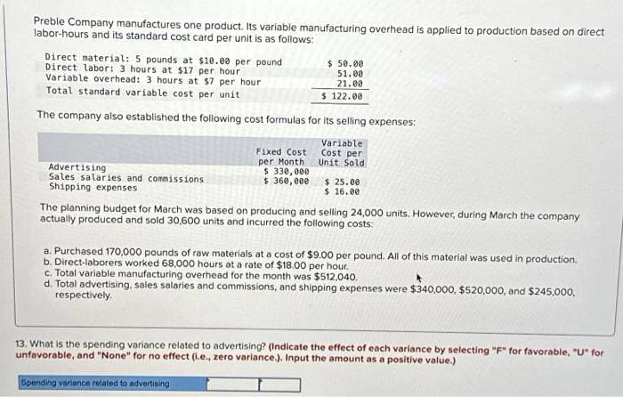 Preble Company manufactures one product. Its variable manufacturing overhead is applied to production based on direct
labor-hours and its standard cost card per unit is as follows:
Direct material: 5 pounds at $10.00 per pound
Direct labor: 3 hours at $17 per hour
Variable overhead: 3 hours at $7 per hour
Total standard variable cost per unit
The company also established the following cost formulas for its selling expenses:
Variable
Cost per
Unit Sold
Advertising
Sales salaries and commissions
Shipping expenses
Fixed Cost
per Month
$ 330,000
$360,000
$ 50.00
51.00
21.00
$ 122.00
$ 25.00
$ 16.00
The planning budget for March was based on producing and selling 24,000 units. However, during March the company
actually produced and sold 30,600 units and incurred the following costs:
a. Purchased 170,000 pounds of raw materials at a cost of $9.00 per pound. All of this material was used in production.
b. Direct-laborers worked 68,000 hours at a rate of $18.00 per hour.
c. Total variable manufacturing overhead for the month was $512,040.
d. Total advertising, sales salaries and commissions, and shipping expenses were $340,000, $520,000, and $245,000,
respectively.
13. What is the spending variance related to advertising? (Indicate the effect of each variance by selecting "F" for favorable, "U" for
unfavorable, and "None" for no effect (i.e., zero variance.). Input the amount as a positive value.)
Spending variance related to advertising
