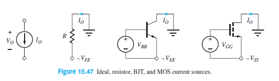 VGG
V BB
-Vss
-VEE
-VEE
Figure 15.47 Ideal, resistor, BJT, and MOS current sources.
