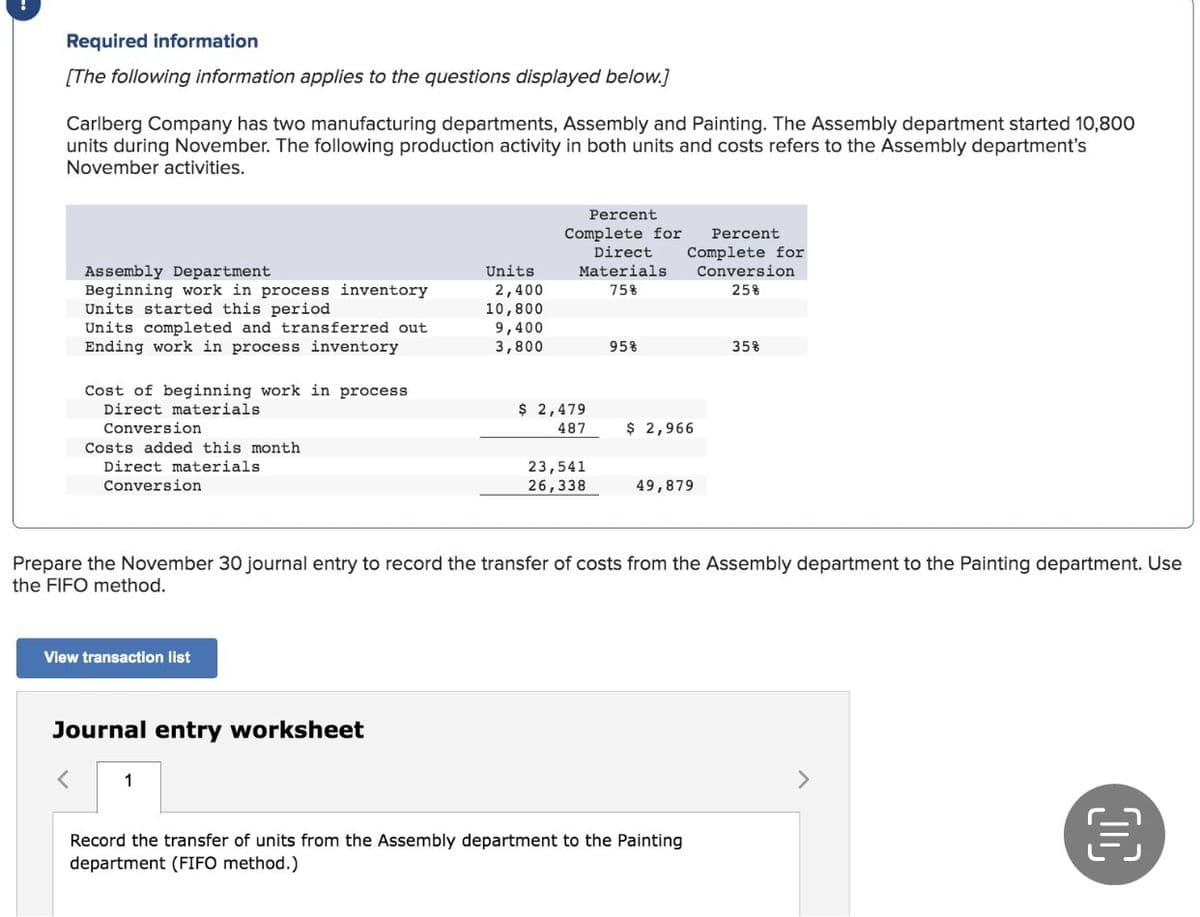 Required information
[The following information applies to the questions displayed below.]
Carlberg Company has two manufacturing departments, Assembly and Painting. The Assembly department started 10,800
units during November. The following production activity in both units and costs refers to the Assembly department's
November activities.
Assembly Department
Units
Beginning work in process inventory
Units started this period
2,400
Direct
Materials
75%
Percent
Complete for
Percent
Complete for
Conversion
25%
10,800
Units completed and transferred out
9,400
Ending work in process inventory
3,800
95%
35%
Cost of beginning work in process
Direct materials
Conversion
Costs added this month
Direct materials
Conversion
$ 2,479
487
$ 2,966
23,541
26,338
49,879
Prepare the November 30 journal entry to record the transfer of costs from the Assembly department to the Painting department. Use
the FIFO method.
View transaction list
Journal entry worksheet
<
1
Record the transfer of units from the Assembly department to the Painting
department (FIFO method.)
>