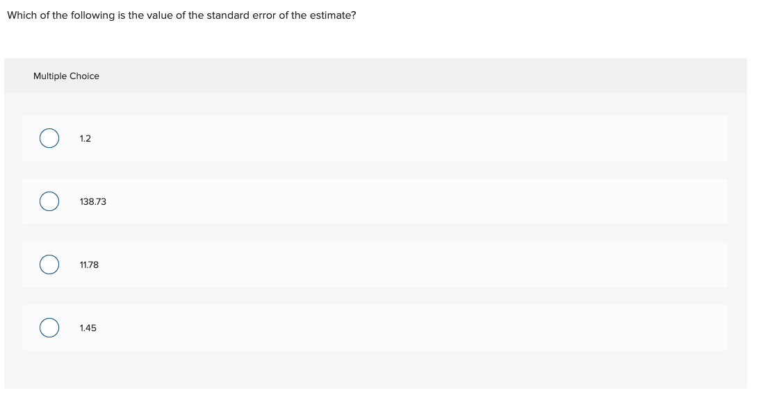 Which of the following is the value of the standard error of the estimate?
Multiple Choice
1.2
138.73
11.78
1.45
