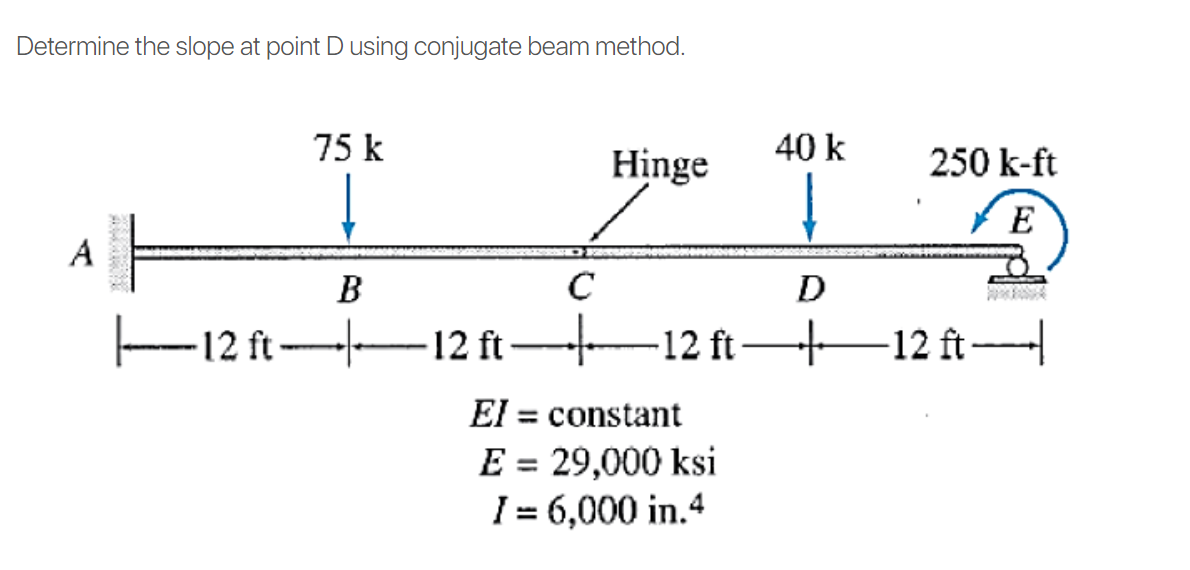 Determine the slope at point D using conjugate beam method.
75 k
Hinge
40 k
250 k-ft
E
A
B
C
D
E12 ft
12 ft 12 ft-
-12 ft
El = constant
E = 29,000 ksi
I= 6,000 in.4
%3D
