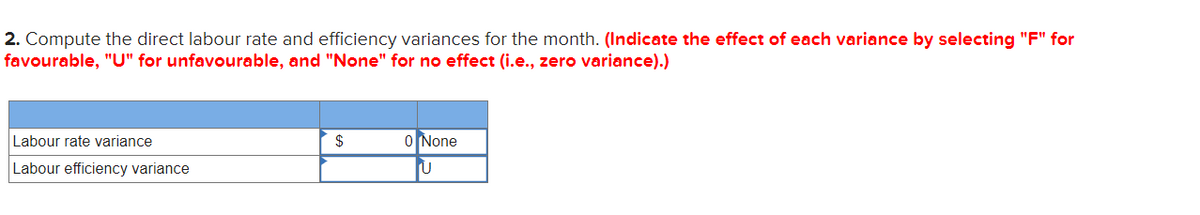 2. Compute the direct labour rate and efficiency variances for the month. (Indicate the effect of each variance by selecting "F" for
favourable, "U" for unfavourable, and "None" for no effect (i.e., zero variance).)
Labour rate variance
Labour efficiency variance
$
0 None
U