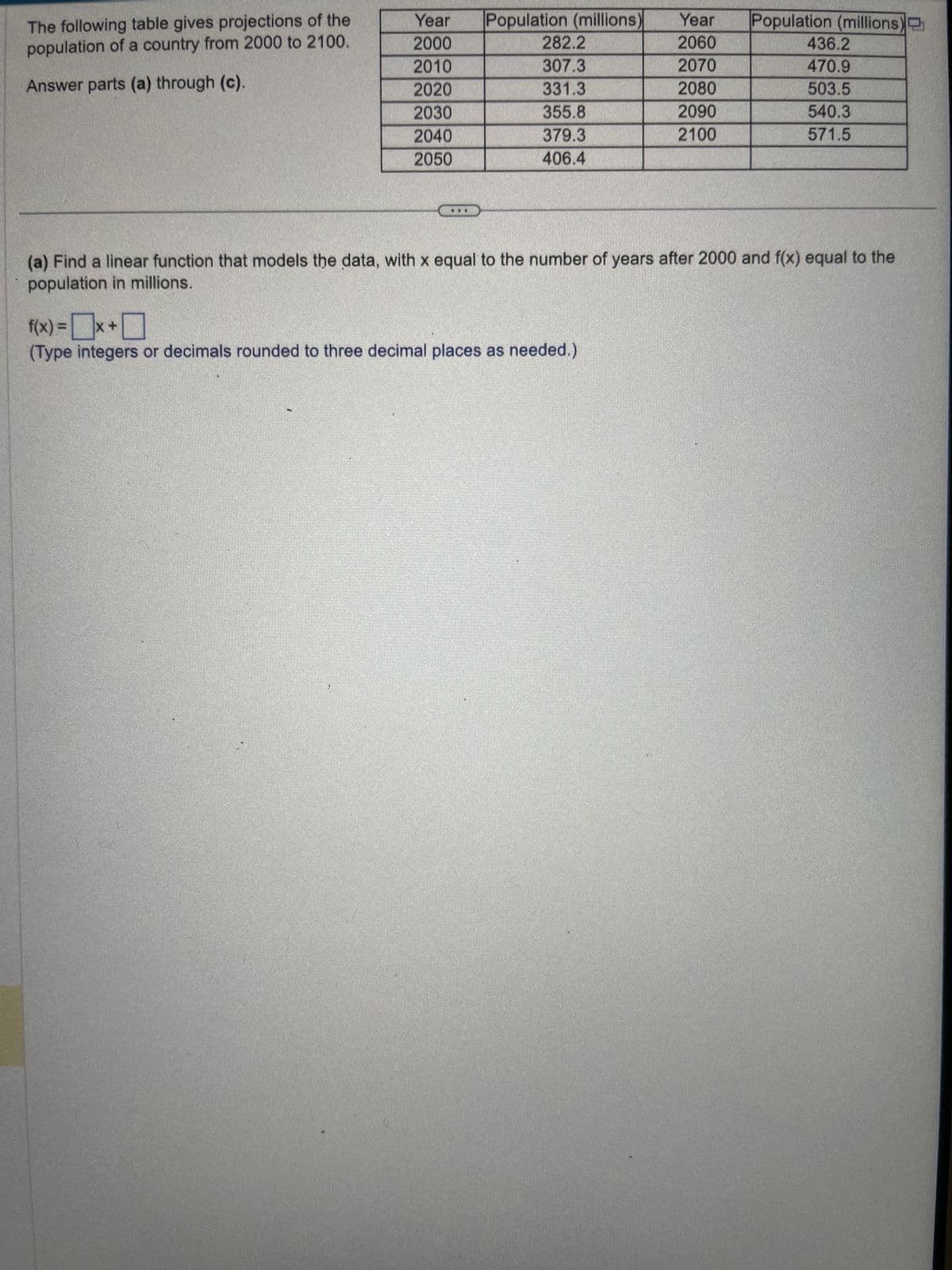 The following table gives projections of the
population of a country from 2000 to 2100.
Answer parts (a) through (c).
Year
2000
2010
2020
2030
2040
2050
Population (millions) Year
2060
2070
2080
2090
2100
1
282.2
307.3
331.3
355.8
379.3
406.4
f(x) = x +
(Type integers or decimals rounded to three decimal places as needed.)
Population (millions)
(a) Find a linear function that models the data, with x equal to the number of years after 2000 and f(x) equal to the
population in millions.
436.2
470.9
503.5
540.3
571.5
