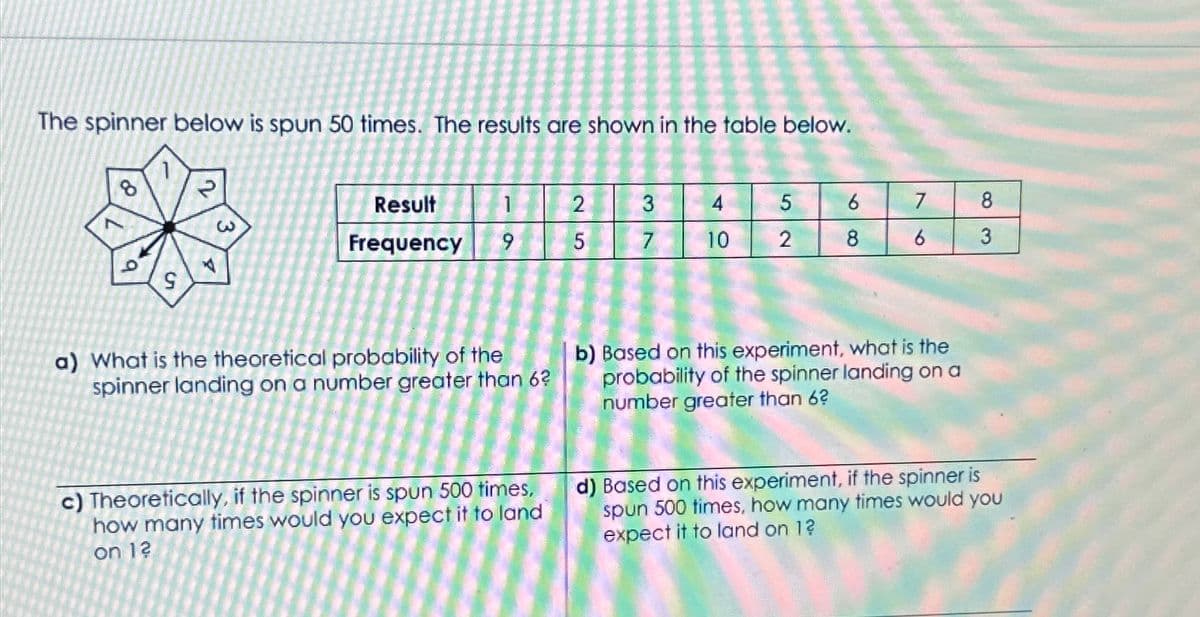 The spinner below is spun 50 times. The results are shown in the table below.
8
Result
2
3
4
5
9
7
8
3
Frequency 9
5
7
10
2
8
a
3
a) What is the theoretical probability of the
spinner landing on a number greater than 6?
b) Based on this experiment, what is the
probability of the spinner landing on a
number greater than 6?
c) Theoretically, if the spinner is spun 500 times,
how many times would you expect it to land
on 12
d) Based on this experiment, if the spinner is
spun 500 times, how many times would you
expect it to land on 1?