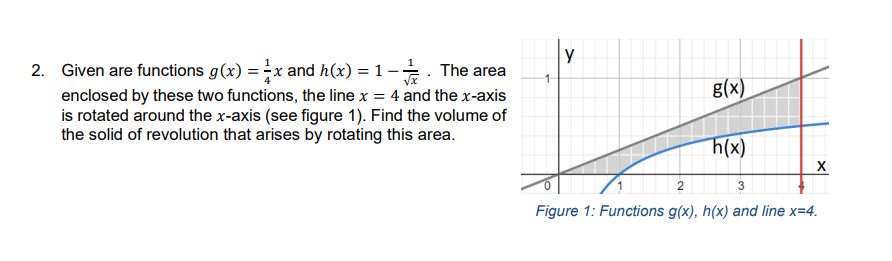 2. Given are functions g(x) =x and h(x) = 1-. The area
enclosed by these two functions, the line x = 4 and the x-axis
is rotated around the x-axis (see figure 1). Find the volume of
the solid of revolution that arises by rotating this area.
g(x)
h(x)
2
3
Figure 1: Functions g(x), h(x) and line x=4.
