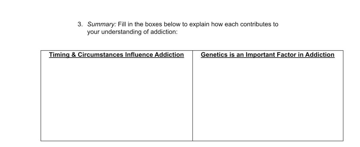 3. Summary: Fill in the boxes below to explain how each contributes to
your understanding of addiction:
Timing & Circumstances Influence Addiction
Genetics is an Important Factor in Addiction
