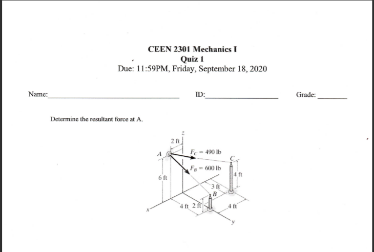 Determine the resultant force at A.
Fe 490 lb
F 600 lb
6 ft
3 f
B
4 ft 2 ft
