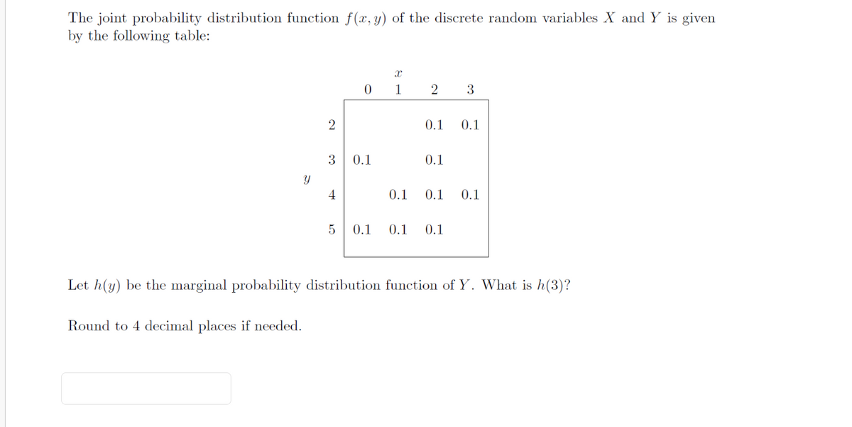 The joint probability distribution function f(x, y) of the discrete random variables X and Y is given
by the following table:
Let h
Y
Round to 4 decimal places if needed.
2
3
4
5
0
0.1
0.1
X
1
2 3
0.1
0.1
0.1
0.1 0.1 0.1
0.1 0.1
be the marginal probability distribution function of Y. What is h(3)?