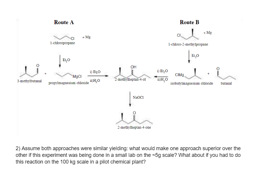 li
3-methylbutanal
Route A
1-chloropropane
Et₂O
+ Mg
MgCl
propylmagnesium chloride
i) Eto
ii) H₂O
OH
2-methylheptan-4-01
NaOCI
i
2-methylheptan-4-one
i) Et₂O
ii) H₂O
Route B
1-chloro-2-methylpropane
CIMG
+ Mg
Et₂0
isobutylmagnesium chloride butanal
2) Assume both approaches were similar yielding: what would make one approach superior over the
other if this experiment was being done in a small lab on the ~5g scale? What about if you had to do
this reaction on the 100 kg scale in a pilot chemical plant?