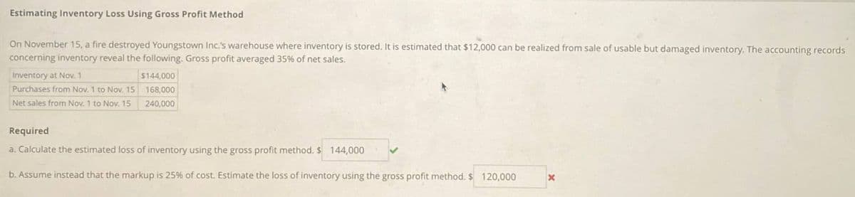 Estimating Inventory Loss Using Gross Profit Method
On November 15, a fire destroyed Youngstown Inc.'s warehouse where inventory is stored. It is estimated that $12,000 can be realized from sale of usable but damaged inventory. The accounting records
concerning inventory reveal the following. Gross profit averaged 35% of net sales.
Inventory at Nov. 1
Purchases from Nov. 1 to Nov. 15
Net sales from Nov. 1 to Nov. 15
$144,000
168,000
240,000
Required
a. Calculate the estimated loss of inventory using the gross profit method. $ 144,000
b. Assume instead that the markup is 25% of cost. Estimate the loss of inventory using the gross profit method. $ 120,000
X