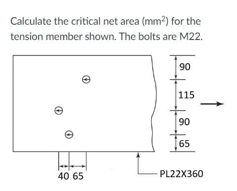 Calculate the critical net area (mm²) for the
tension member shown. The bolts are M22.
40 65
90
115
90
65
PL22X360