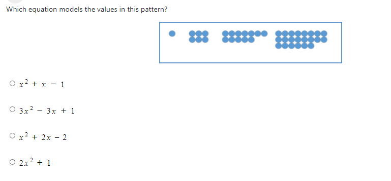 Which equation models the values in this pattern?
O x2 + x - 1
О Зx2 — 3х +1
O x? + 2x - 2
O 2x? + 1
