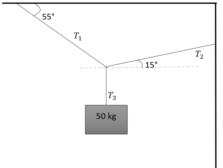 55°
T1
T2
15°.
T3
50 kg
