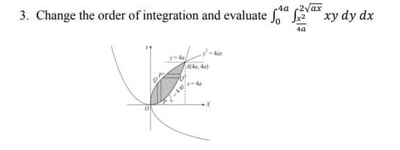 3. Change the order of integration and evaluate “ f
4a 2yax
a xy dy dx
4a
A(4a, 4a)
