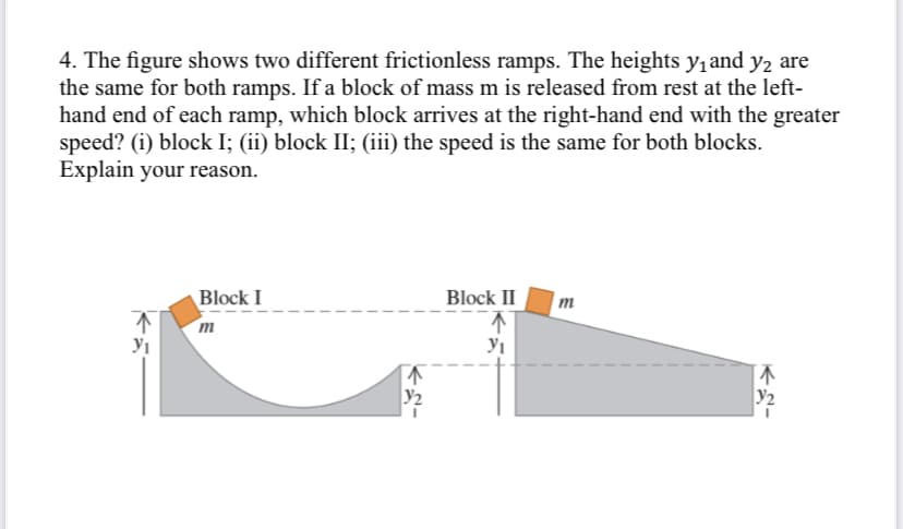 4. The figure shows two different frictionless ramps. The heights yı and y2 are
the same for both ramps. If a block of mass m is released from rest at the left-
hand end of each ramp, which block arrives at the right-hand end with the greater
speed? (i) block I; (ii) block II; (iii) the speed is the same for both blocks.
Explain your reason.
Block I
Block II
m
m
y2
y2
