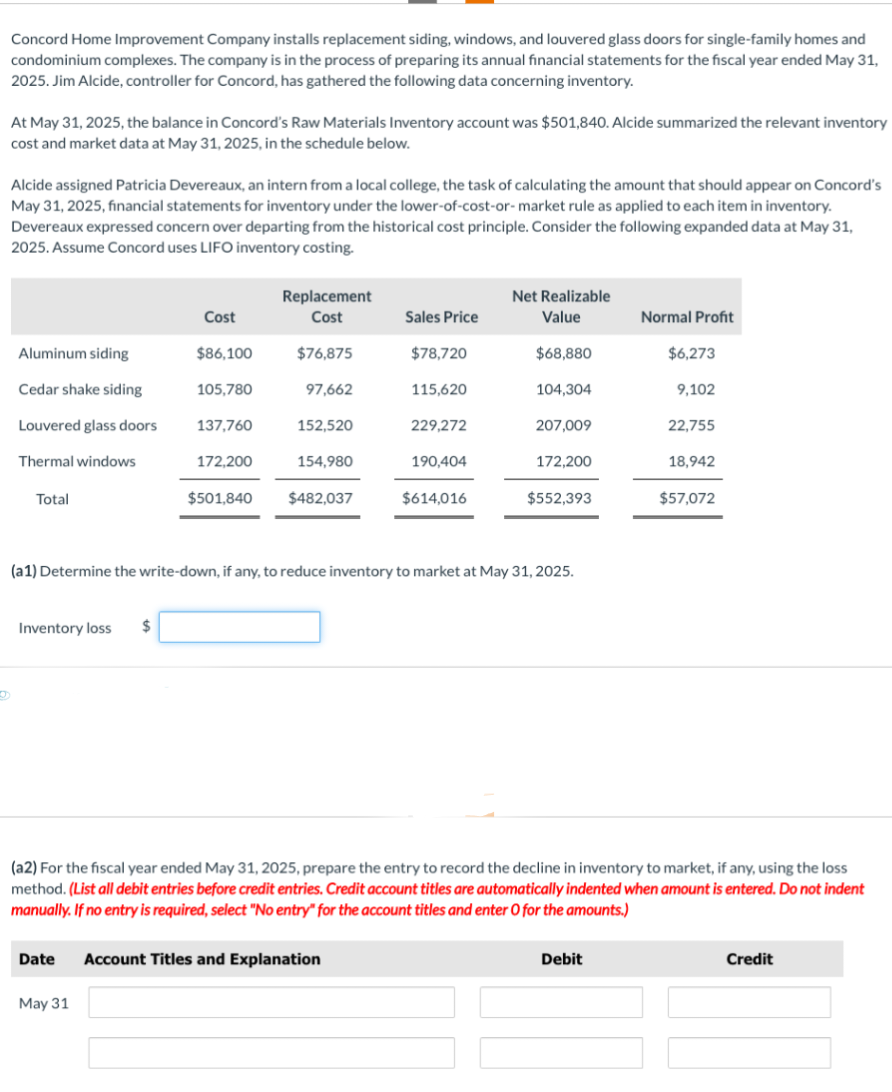 Concord Home Improvement Company installs replacement siding, windows, and louvered glass doors for single-family homes and
condominium complexes. The company is in the process of preparing its annual financial statements for the fiscal year ended May 31,
2025. Jim Alcide, controller for Concord, has gathered the following data concerning inventory.
At May 31, 2025, the balance in Concord's Raw Materials Inventory account was $501,840. Alcide summarized the relevant inventory
cost and market data at May 31, 2025, in the schedule below.
Alcide assigned Patricia Devereaux, an intern from a local college, the task of calculating the amount that should appear on Concord's
May 31, 2025, financial statements for inventory under the lower-of-cost-or- market rule as applied to each item in inventory.
Devereaux expressed concern over departing from the historical cost principle. Consider the following expanded data at May 31,
2025. Assume Concord uses LIFO inventory costing.
Aluminum siding
Cedar shake siding
Louvered glass doors
Thermal windows
Total
Inventory loss $
Cost
$86,100
105,780
May 31
137,760
172,200
$501,840
Replacement
Cost
$76,875
97,662
152,520
154,980
$482,037
Sales Price
Date Account Titles and Explanation
$78,720
115,620
229,272
190,404
$614,016
Net Realizable
Value
$68,880
104,304
207,009
(a1) Determine the write-down, if any, to reduce inventory to market at May 31, 2025.
172,200
$552,393
Normal Profit
Debit
$6,273
9,102
22,755
(a2) For the fiscal year ended May 31, 2025, prepare the entry to record the decline in inventory to market, if any, using the loss
method. (List all debit entries before credit entries. Credit account titles are automatically indented when amount is entered. Do not indent
manually. If no entry is required, select "No entry" for the account titles and enter O for the amounts.)
18,942
$57,072
Credit