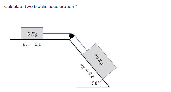 Calculate two blocks acceleration *
5 Kg
0.1
HK = 0.2
50°
20 Kg
