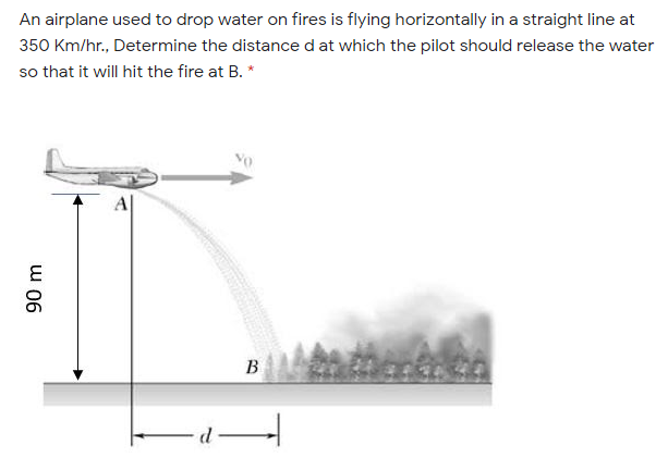 An airplane used to drop water on fires is flying horizontally in a straight line at
350 Km/hr., Determine the distance d at which the pilot should release the water
so that it will hit the fire at B. *
Vo
B
90 m
