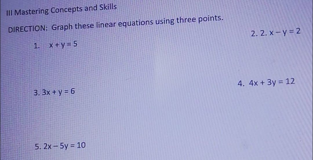 III Mastering Concepts and Skills
DIRECTION; Graph these linear equations using three points.
1. x+y=5
2. 2. x – y = 2
3. 3x + y = 6
4. 4x + 3y = 12
5. 2x - 5y = 10
