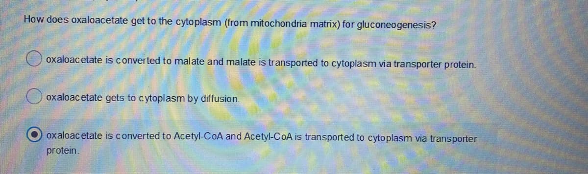 How does oxaloacetate get to the cytoplasm (from mitochondria matrix) for gluconeogenesis?
oxaloacetate is converted to malate and malate is transported to cytoplasm via transporter protein.
oxaloacetate gets to cytoplasm by diffusion.
oxaloacetate is converted to Acetyl-CoA and Acetyl-CoA is transported to cytoplasm via transporter
protein.
