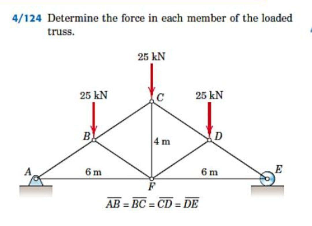 4/124 Determine the force in each member of the loaded
truss.
25 kN
25 kN
25 kN
B.
4 m
D
A
6 m
6 m
E
F
AB = BC = CD = DE
%3D
%3D
%3D
