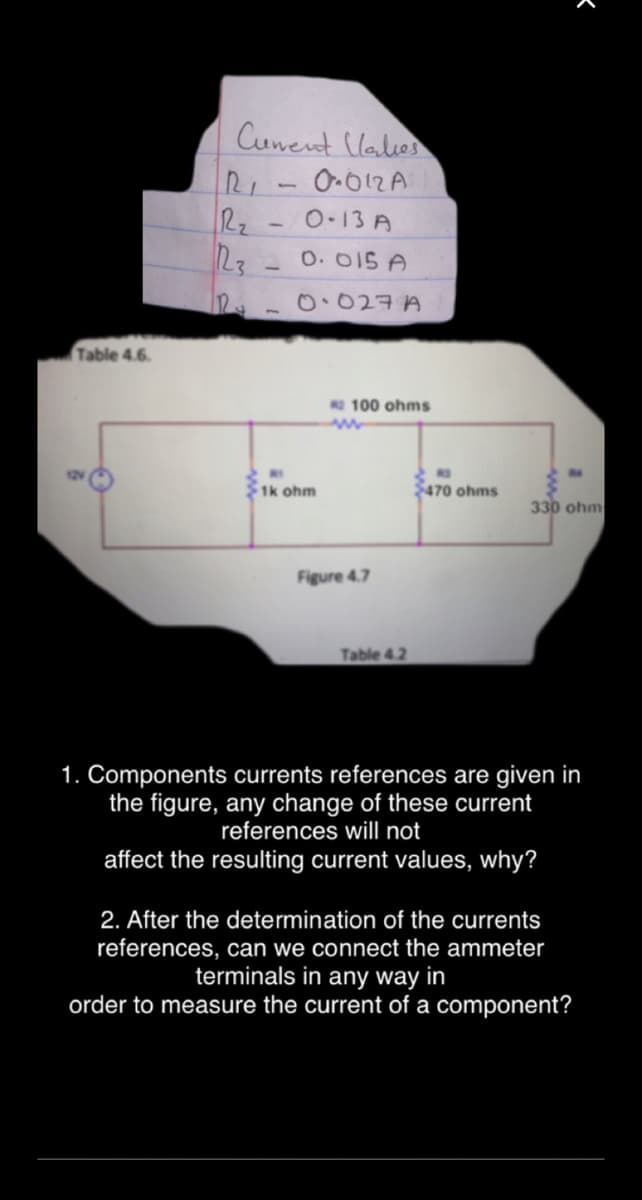 Cuneut llales
R,-0.012A
O-13 A
23
O.015 A
0.027 A
Table 4.6
100 ohms
RO
1k ohm
$470 ohms
330 ohm
Figure 4.7
Table 4.2
1. Components currents references are given in
the figure, any change of these current
references will not
affect the resulting current values, why?
2. After the determination of the currents
references, can we connect the ammeter
terminals in any way in
order to measure the current of a component?
