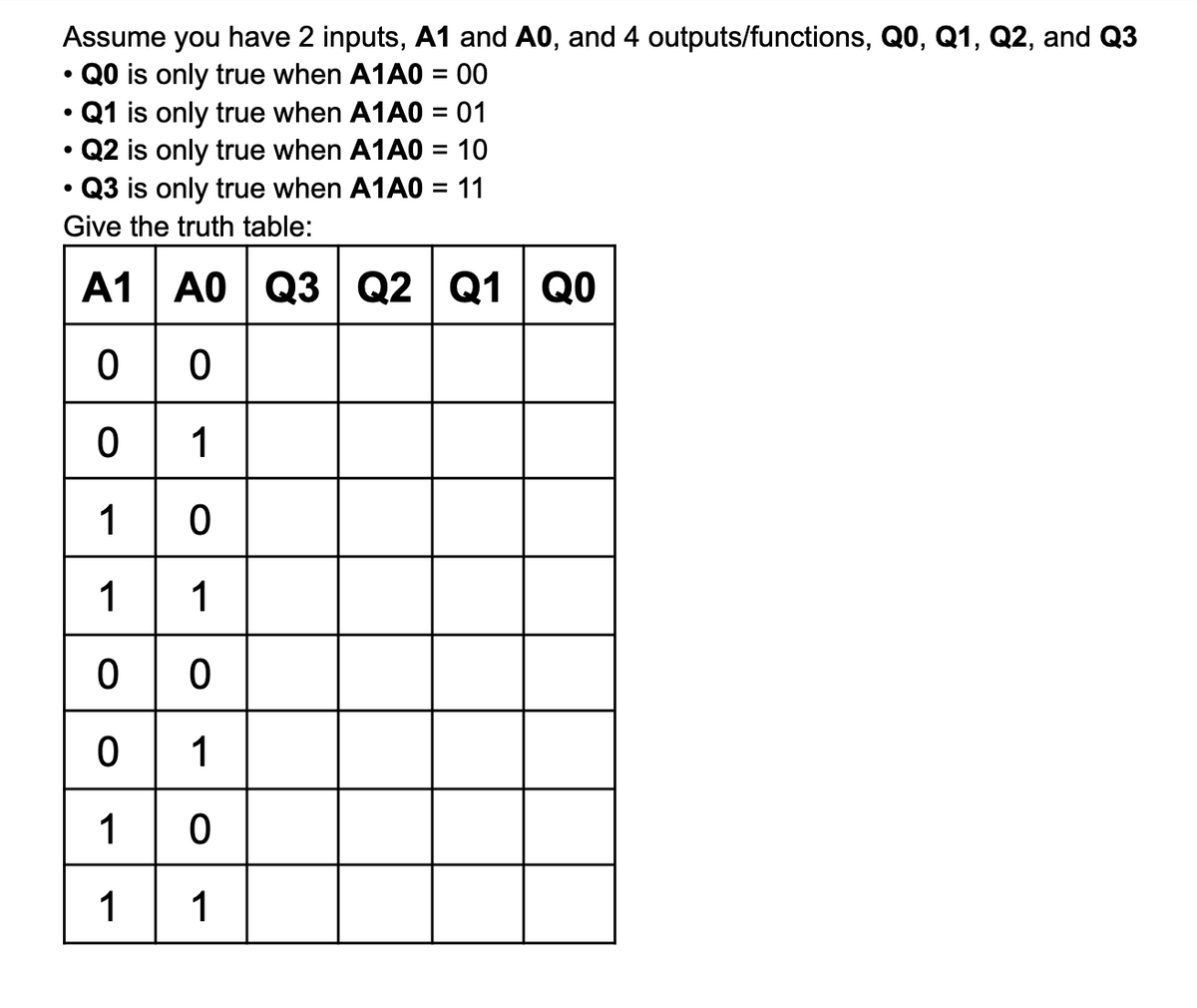 Assume you have 2 inputs, A1 and A0, and 4 outputs/functions, Q0, Q1, Q2, and Q3
●
Q0 is only true when A1A0 = 00
• Q1 is only true when A1A0 = 01
• Q2 is only true when A1A0 = 10
• Q3 is only true when A1A0 = 11
Give the truth table:
A1 A0 Q3 Q2 Q1 20
00
01
10
11
00
01
10
1
1