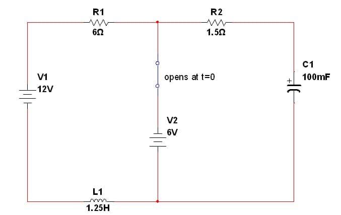 V1
-12V
R1
602
L1
1.25H
R2
1.50
opens at t=0
V2
6V
HE
C1
100mF