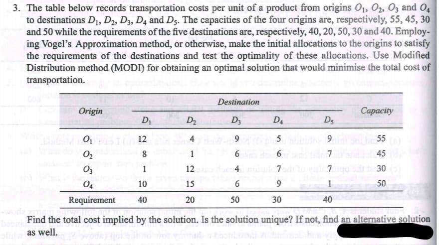3. The table below records transportation costs per unit of a product from origins O1, O2, Oz and O4
to destinations D1, D2, D3, D4 and D5. The capacities of the four origins are, respectively, 55, 45, 30
and 50 while the requirements of the five destinations are, respectively, 40, 20, 50, 30 and 40. Employ-
ing Vogel's Approximation method, or otherwise, make the initial allocations to the origins to satisfy
the requirements of the destinations and test the optimality of these allocations. Use Modified
Distribution method (MODI) for obtaining an optimal solution that would minimise the total cost of
transportation.
Destination
Origin
Сарасity
D1
D2
D3
D4
D5
12
4
5
9.
55
O2
8
6
6
7
45
O3
1
12
4 75drto
30
O4
10
15
50
Requirement
40
20
50
30
40
or
Find the total cost implied by the solution. Is the solution unique? If not, find an alternative solution
ofnl as well.
