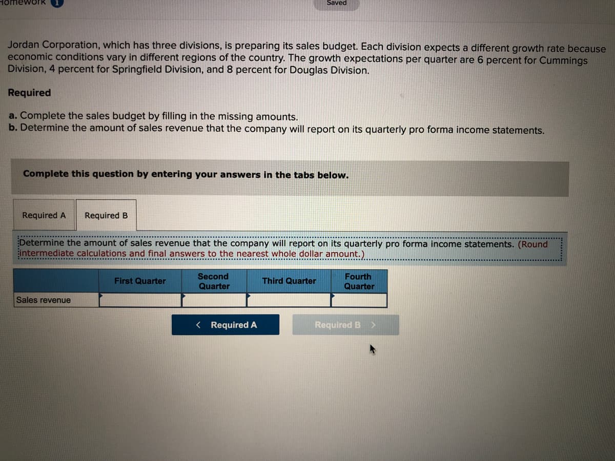 Homework
Saved
Jordan Corporation, which has three divisions, is preparing its sales budget. Each division expects a different growth rate because
economic conditions vary in different regions of the country. The growth expectations per quarter are 6 percent for Cummings
Division, 4 percent for Springfield Division, and 8 percent for Douglas Division.
Required
a. Complete the sales budget by filling in the missing amounts.
b. Determine the amount of sales revenue that the company will report on its quarterly pro forma income statements.
Complete this question by entering your answers in the tabs below.
Required A
Required B
Determine the amount of sales revenue that the company will report on its quarterly pro forma income statements. (Round
Eintermediate calculations and final answers to the nearest whole dollar amount.)
.... ... . .. .. ... .
Second
Fourth
First Quarter
Third Quarter
Quarter
Quarter
Sales revenue
< Required A
Required B
