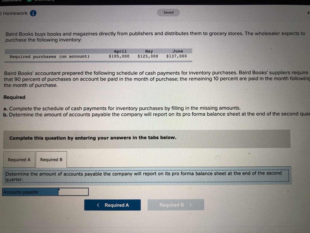 O Homework
Saved
Baird Books buys books and magazines directly from publishers and distributes them to grocery stores. The wholesaler expects to
purchase the following inventory:
April
$105,000
June
May
$125,000
Required purchases (on account)
$137,000
Baird Books' accountant prepared the following schedule of cash payments for inventory purchases. Baird Books' suppliers require
that 90 percent of purchases on account be paid in the month of purchase; the remaining 10 percent are paid in the month following
the month of purchase.
Required
a. Complete the schedule of cash payments for inventory purchases by filling in the missing amounts.
b. Determine the amount of accounts payable the company will report on its pro forma balance sheet at the end of the second quar
Complete this question by entering your answers in the tabs below.
Required A
Required B
Determine the amount of accounts payable the company will report on its pro forma balance sheet at the end of the second
quarter.
Accounts payable
< Required A
Required B
