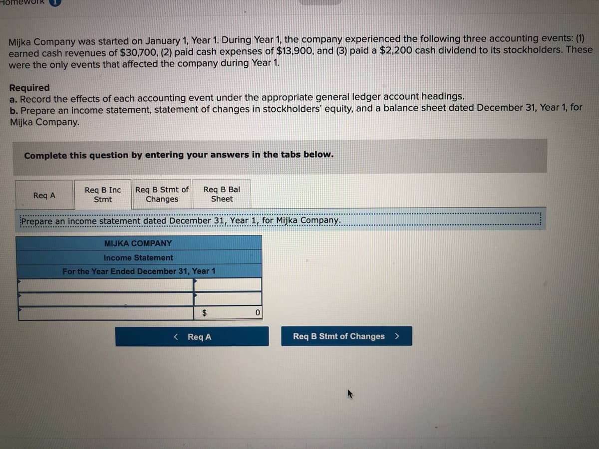 HomeworK
Mijka Company was started on January 1, Year 1. During Year 1, the company experienced the following three accounting events: (1)
earned cash revenues of $30,700, (2) paid cash expenses of $13,900, and (3) paid a $2,200 cash dividend to its stockholders. These
were the only events that affected the company during Year 1.
Required
a. Record the effects of each accounting event under the appropriate general ledger account headings.
b. Prepare an income statement, statement of changes in stockholders' equity, and a balance sheet dated December 31, Year 1, for
Mijka Company.
Complete this question by entering your answers in the tabs below.
Req B Inc
Stmt
Reg B Stmt of
Changes
Req B Bal
Sheet
Req A
Prepare an income statement dated December 31, Year 1, for Mijka Company.
MIJKA COMPANY
Income Statement
For the Year Ended December 31, Year 1
$
< Req A
Req B Stmt of Changes >
