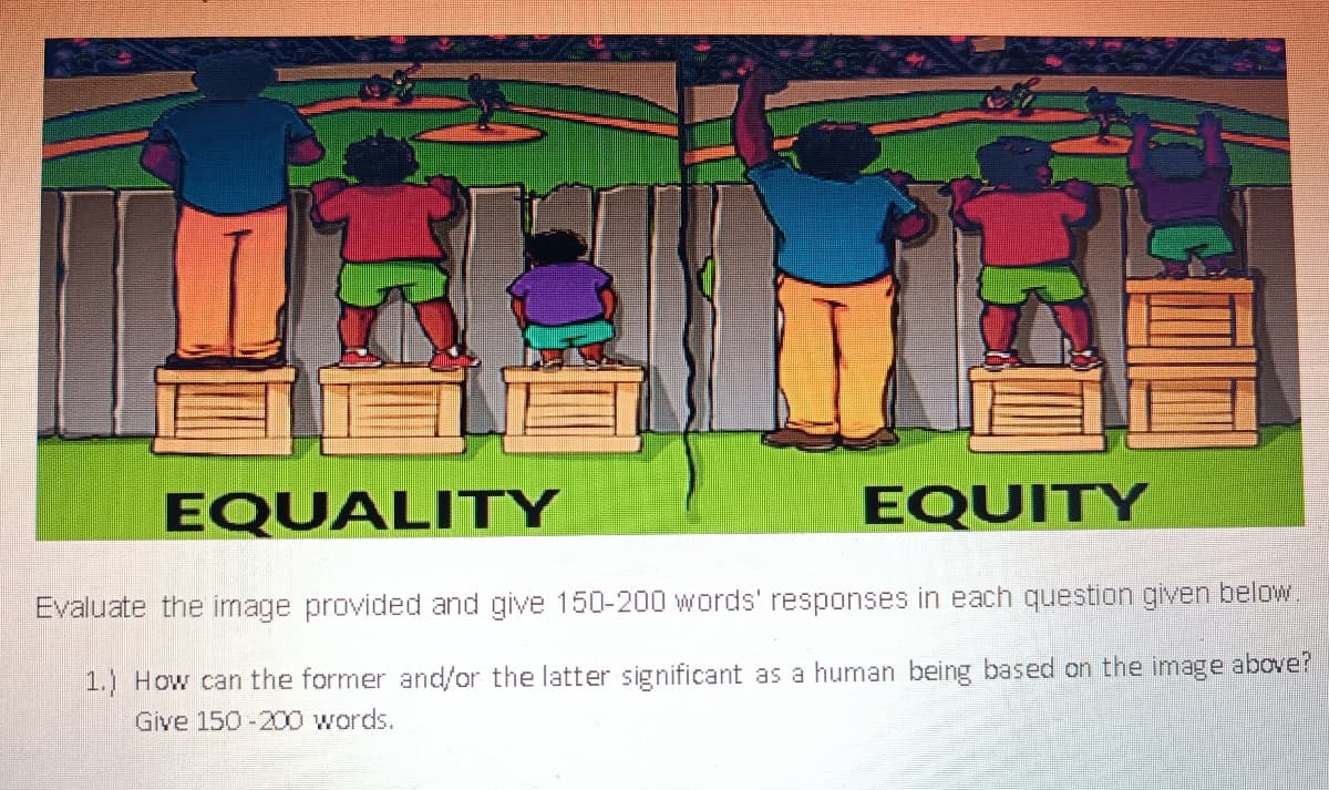 EQUALITY
EQUITY
Evaluate the image provided and give 150-200 words' responses in each question given below.
1.) How can the former and/or the latter significant as a human being based on the image above?
Give 150-200 words.
