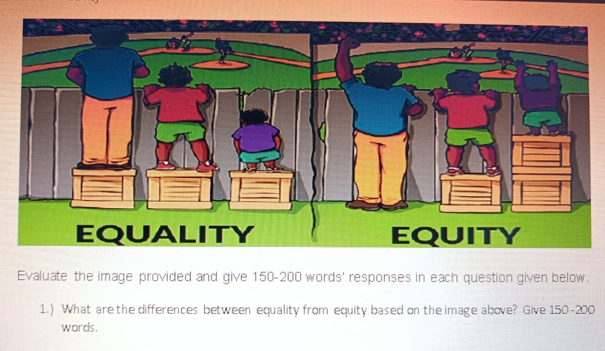 EQUALITY
EQUITY
Evaluate the image provided and give 150-200 words' responses in each question given below.
1.) What are the differences between equality from equity based on the image above? Give 150-200
words.
