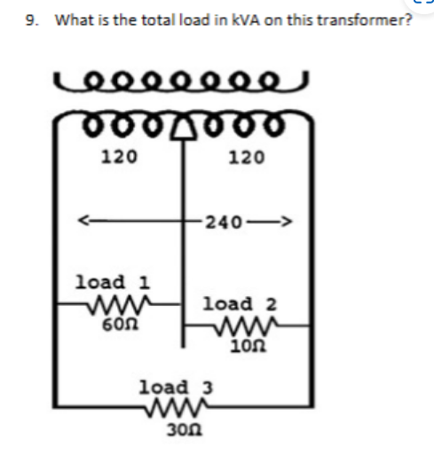 9. What is the total load in kVA on this transformer?
Leeeeeee
0004000
120
load 1
600
120
240->>
load 2
load 3
300
100